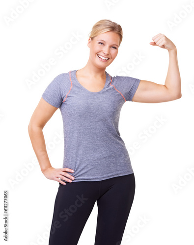 Arms, flex and strong woman in portrait with a smile for fitness, strength and pride. Health, wellness and female model isolated on a transparent png background with confidence, empowerment or muscle