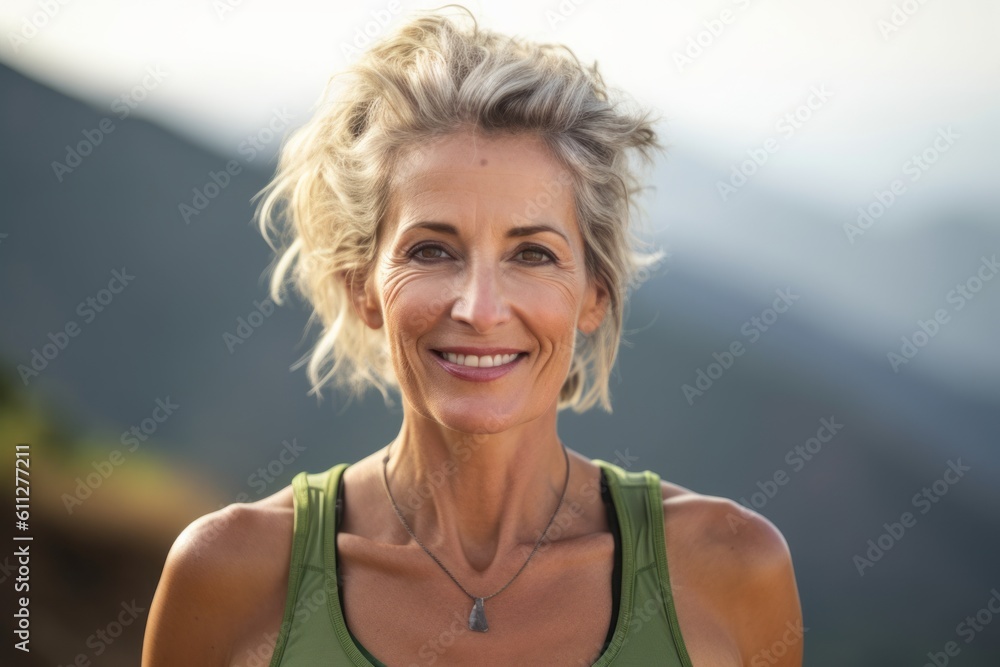 Close-up portrait photography of a glad mature girl wearing a cute crop top against a scenic mountain trail background. With generative AI technology