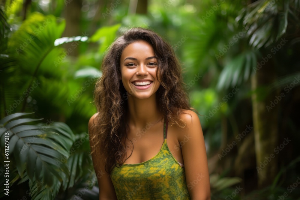 Medium shot portrait photography of a happy girl in her 30s wearing a cute crop top against a lush tropical jungle background. With generative AI technology Medium shot portrait photography of a happy girl in her 30s wearing a cute crop top against a lush tropical jungle background. With generative AI technology