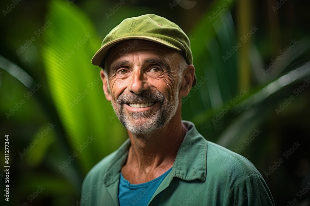 Environmental portrait photography of a glad mature man wearing a cool cap against a lush tropical jungle background. With generative AI technology Environmental portrait photography of a glad mature man wearing a cool cap against a lush tropical jungle background. With generative AI technology