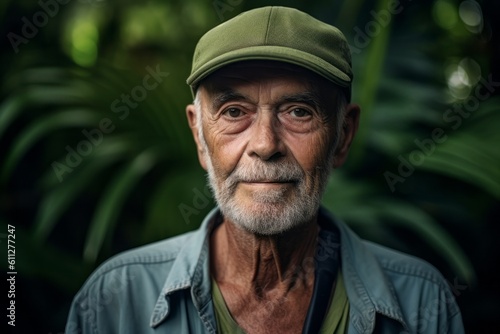 Environmental portrait photography of a glad mature man wearing a cool cap against a lush tropical jungle background. With generative AI technology