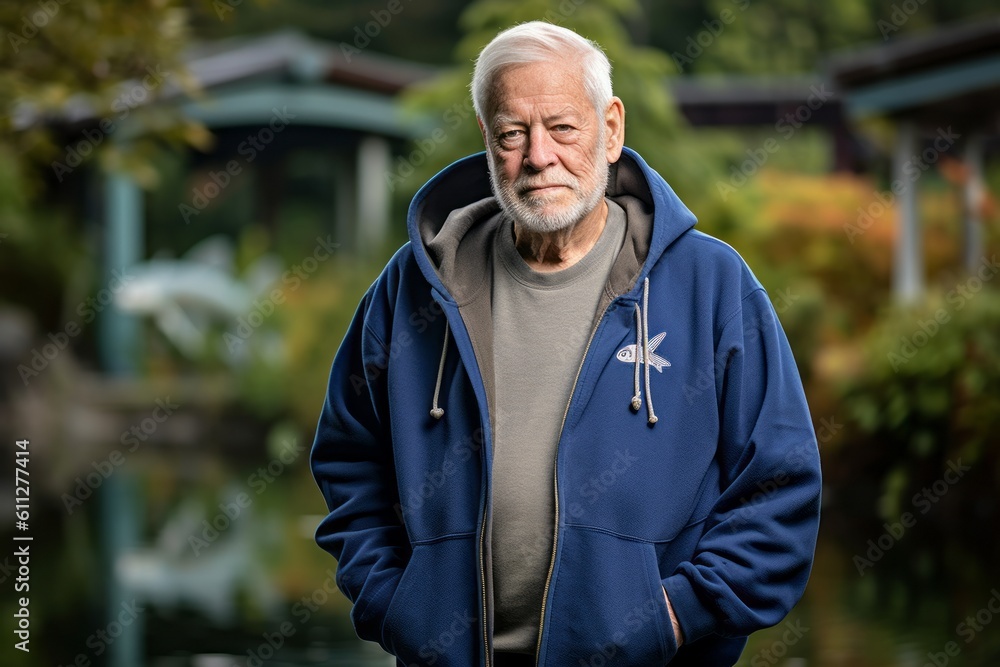 Lifestyle portrait photography of a glad old man wearing a cozy zip-up hoodie against a tranquil koi pond background. With generative AI technology
