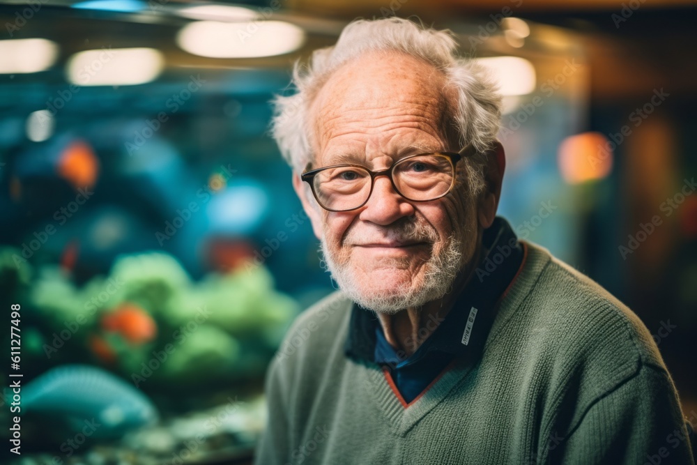 Close-up portrait photography of a satisfied old man wearing a cozy sweater against a vibrant aquarium background. With generative AI technology Close-up portrait photography of a satisfied old man wearing a cozy sweater against a vibrant aquarium background. With generative AI technology