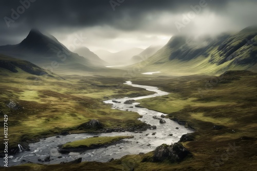 Mystical landscape of the Scottish Highlands, with rolling hills, mist-covered mountains, and a sense of ancient magic and mystery. Generative AI