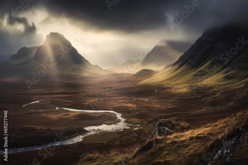 Mystical landscape of the Scottish Highlands  with rolling hills  mist-covered mountains  and a sense of ancient magic and mystery. Generative AI