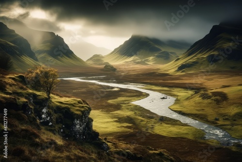 Mystical landscape of the Scottish Highlands  with rolling hills  mist-covered mountains  and a sense of ancient magic and mystery. Generative AI