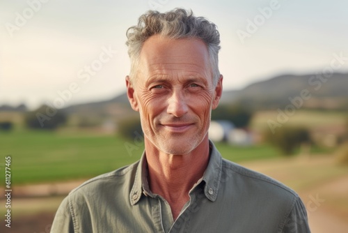 Close-up portrait photography of a tender mature man wearing a classy button-up shirt against a picturesque countryside background. With generative AI technology