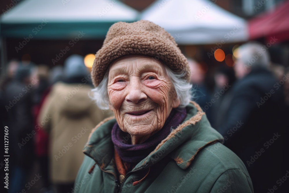 Close-up portrait photography of a satisfied old woman wearing a cozy winter coat against a bustling farmer's market background. With generative AI technology Close-up portrait photography of a satisfied old woman wearing a cozy winter coat against a bustling farmer's market background. With generative AI technology