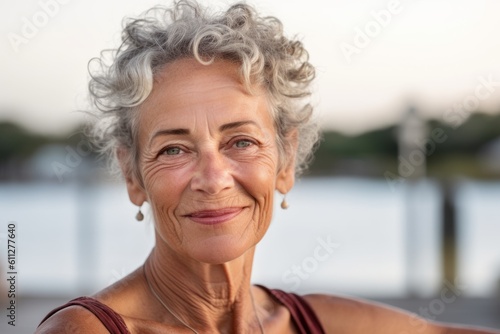 Headshot portrait photography of a satisfied mature woman wearing a daring tube top against a scenic lagoon background. With generative AI technology