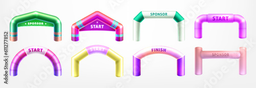 Realistic 3d colorful inflatable arches for sports competition. Arch gates of different shapes for marathon, races and outdoor sport events. Start and finish archways isolated on white background.