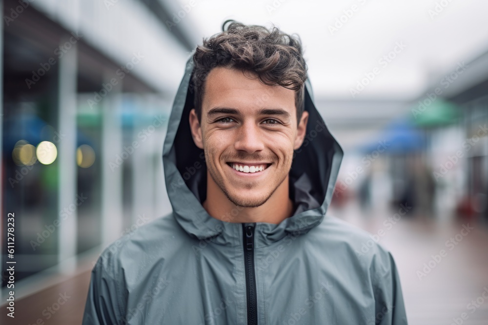 Close-up portrait photography of a happy boy in his 30s wearing a lightweight windbreaker against a modern office building background. With generative AI technology Close-up portrait photography of a happy boy in his 30s wearing a lightweight windbreaker against a modern office building background. With generative AI technology