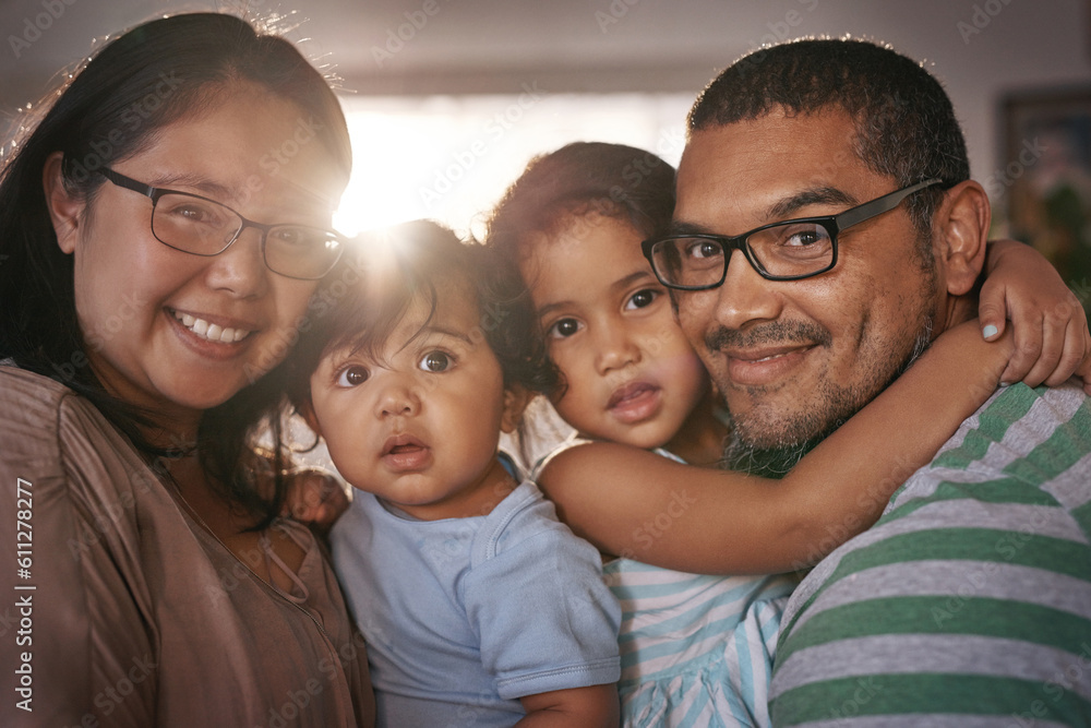 Love, selfie and family hug in happy home for bonding, relax and enjoying quality time for care together in Mexico. Portrait, children and face of mother, father and embrace in living room with smile Love, selfie and family hug in happy home for bonding, relax and enjoying quality time for care together in Mexico. Portrait, children and face of mother, father and embrace in living room with smile