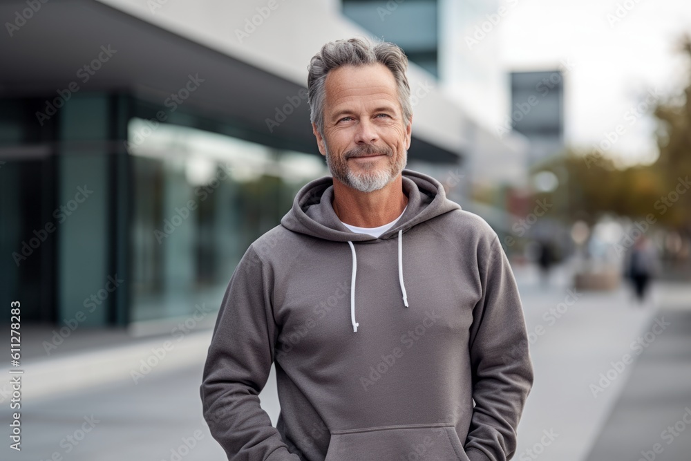 Medium shot portrait photography of a satisfied mature man wearing a comfortable hoodie against a modern office building background. With generative AI technology Medium shot portrait photography of a satisfied mature man wearing a comfortable hoodie against a modern office building background. With generative AI technology