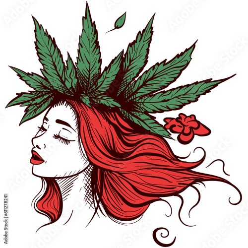 Digital illustration of a redhead woman with green marijuana leaves on her hair. Sketch vector of a girl with floral decorations