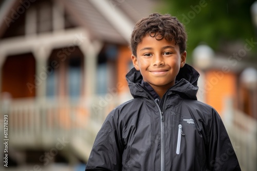 Headshot portrait photography of a glad kid male wearing a lightweight windbreaker against a historic colonial village background. With generative AI technology
