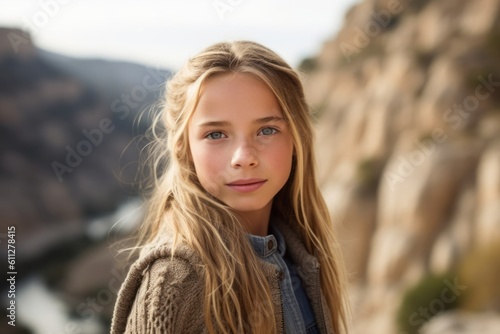 Headshot portrait photography of a glad kid female wearing a chic cardigan against a scenic canyon background. With generative AI technology