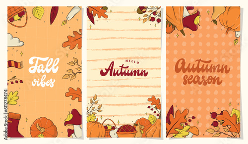 set of 3 Autumn social media templates, banners, wallpapers, backgrounds, invitations, greeting cards decorated with doodles and lettering quotes. EPS 10