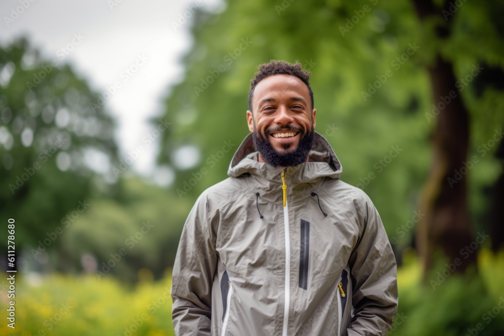 Medium shot portrait photography of a happy boy in his 30s wearing a lightweight windbreaker against a vibrant city park background. With generative AI technology