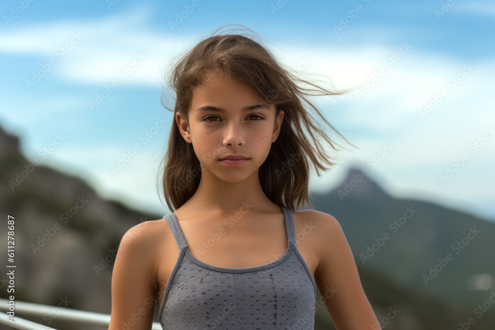 Environmental portrait photography of a glad kid female wearing a cute crop top against a scenic mountain overlook background. With generative AI technology