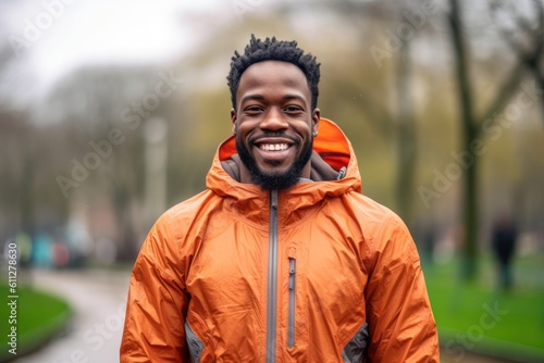 Medium shot portrait photography of a happy boy in his 30s wearing a lightweight windbreaker against a vibrant city park background. With generative AI technology