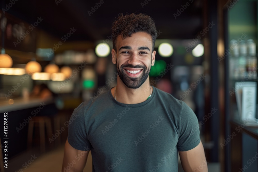 Headshot portrait photography of a grinning boy in his 30s wearing a casual t-shirt against a bustling cafe background. With generative AI technology