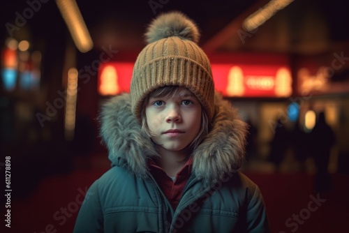 Lifestyle portrait photography of a glad kid male wearing a cozy winter coat against a classic movie theater background. With generative AI technology