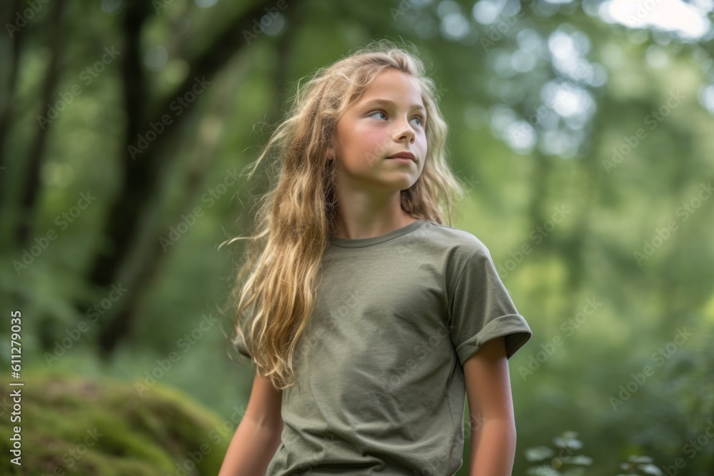 Photography in the style of pensive portraiture of a satisfied kid female wearing a casual short-sleeve shirt against a serene nature trail background. With generative AI technology Photography in the style of pensive portraiture of a satisfied kid female wearing a casual short-sleeve shirt against a serene nature trail background. With generative AI technology