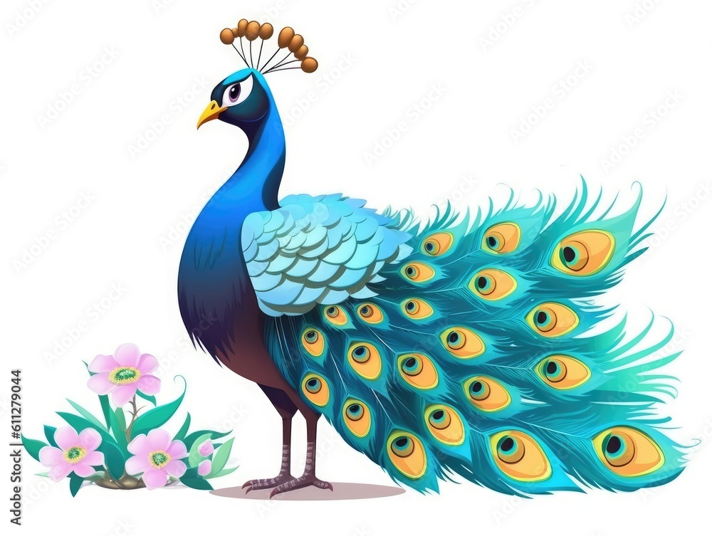 Fototapeta premium Peacock in Cartoon Style on white background - generative AI