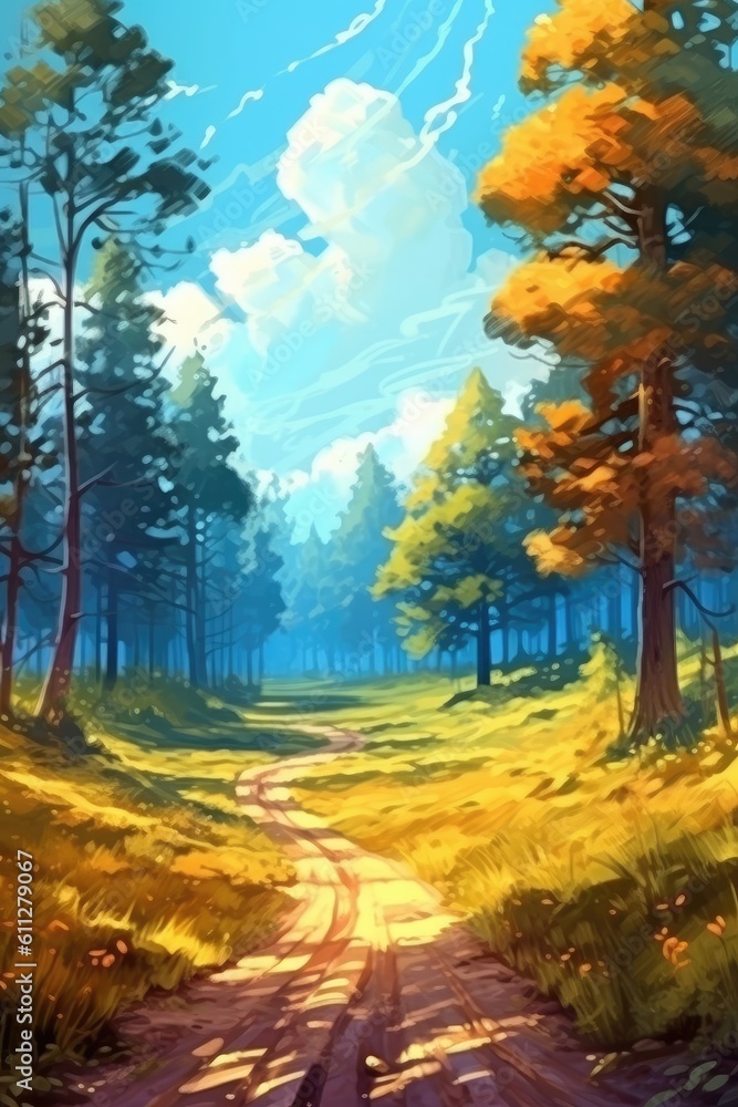 A sunny dirt path winds through the forest. (Illustration, Generative AI)