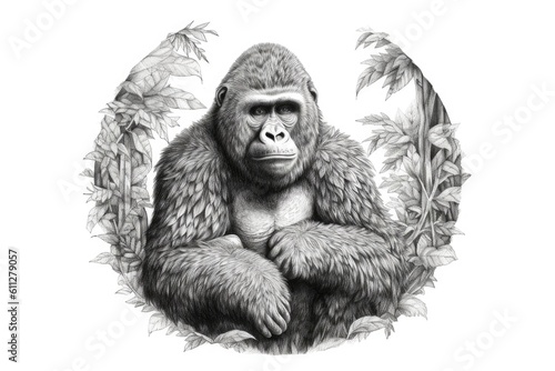 Cute Gorilla drawing on white background - generative AI