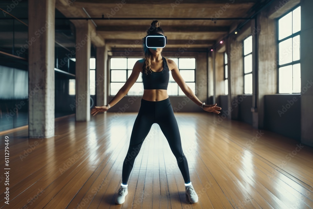 Obraz premium Futuristic vision of VR AR home sports, beautiful woman has fun making virtual sports at home with her immersive technology VR/AR headset, created with Generative AI 
