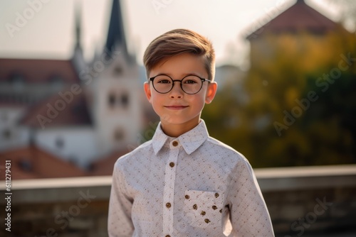 Environmental portrait photography of a glad kid male wearing an elegant long-sleeve shirt against a peaceful monastery background. With generative AI technology photo