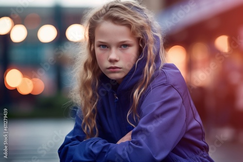 Photography in the style of pensive portraiture of a tender kid female wearing a comfortable tracksuit against a bustling city square background. With generative AI technology