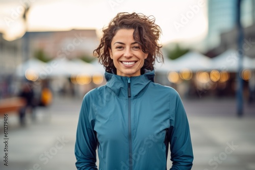 Lifestyle portrait photography of a grinning girl in her 30s wearing a comfortable tracksuit against a bustling city square background. With generative AI technology