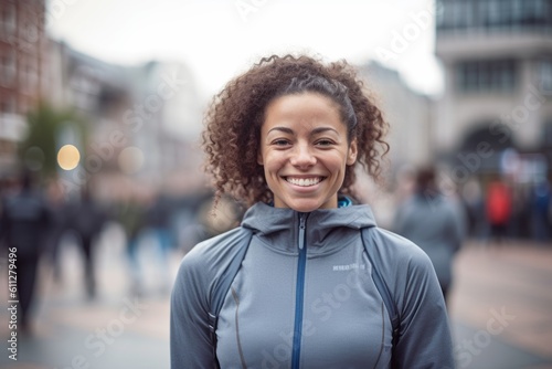 Lifestyle portrait photography of a grinning girl in her 30s wearing a comfortable tracksuit against a bustling city square background. With generative AI technology