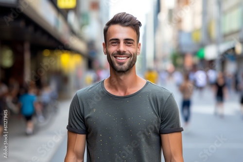 Close-up portrait photography of a satisfied boy in his 30s wearing a casual t-shirt against a lively downtown street background. With generative AI technology