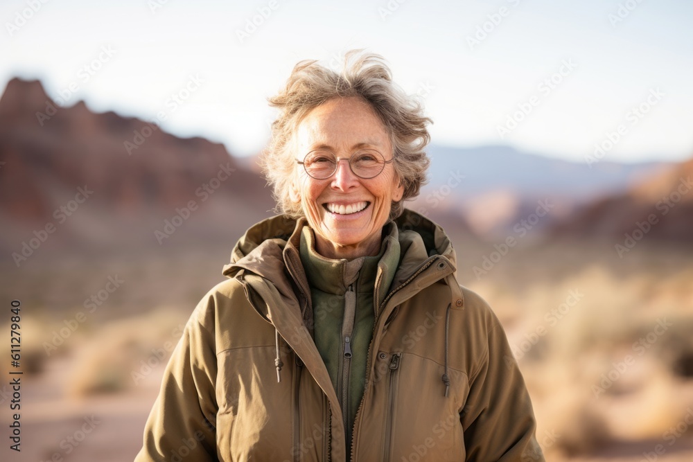 Environmental portrait photography of a joyful mature woman wearing a durable parka against a picturesque desert oasis background. With generative AI technology