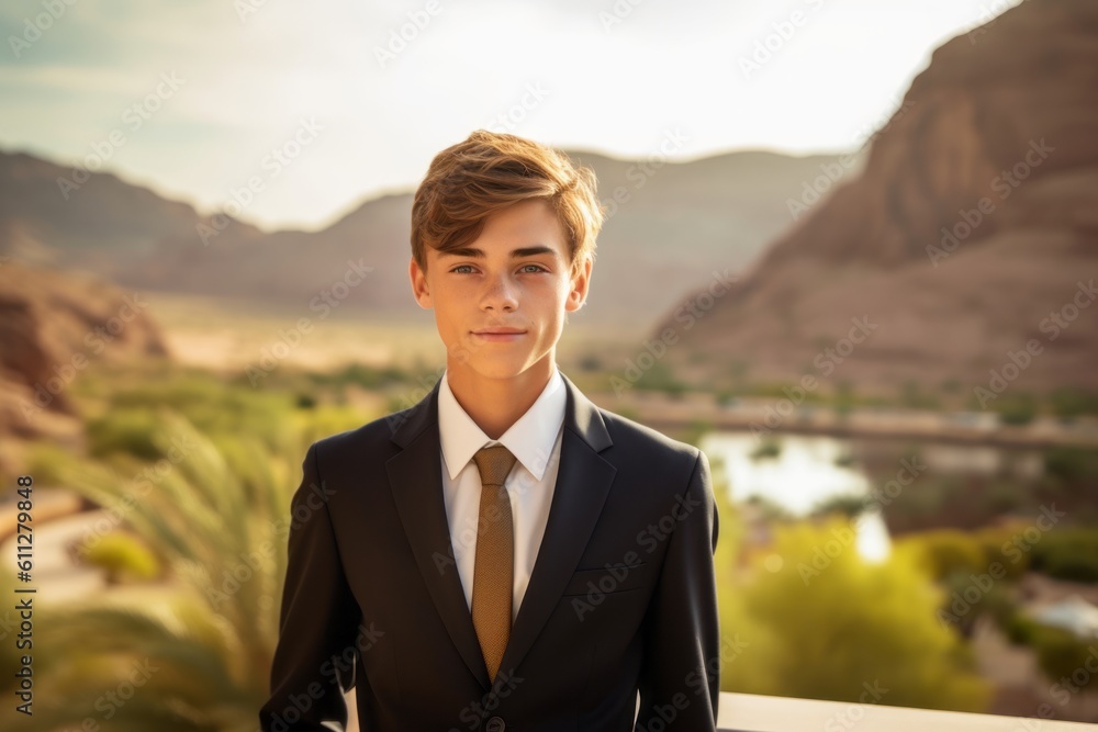 Medium shot portrait photography of a satisfied mature boy wearing a sleek suit against a picturesque desert oasis background. With generative AI technology