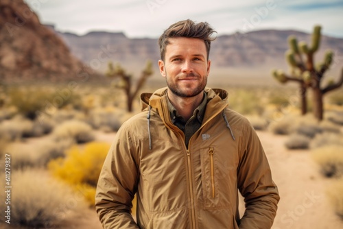 Lifestyle portrait photography of a satisfied boy in his 30s wearing a lightweight windbreaker against a picturesque desert oasis background. With generative AI technology