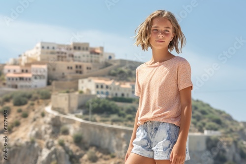 Lifestyle portrait photography of a satisfied kid female wearing breezy shorts against a scenic cliffside village background. With generative AI technology © Markus Schröder