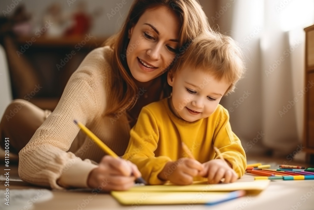 Mother and son doing homework together. AI Generative Mother and son doing homework together. AI Generative