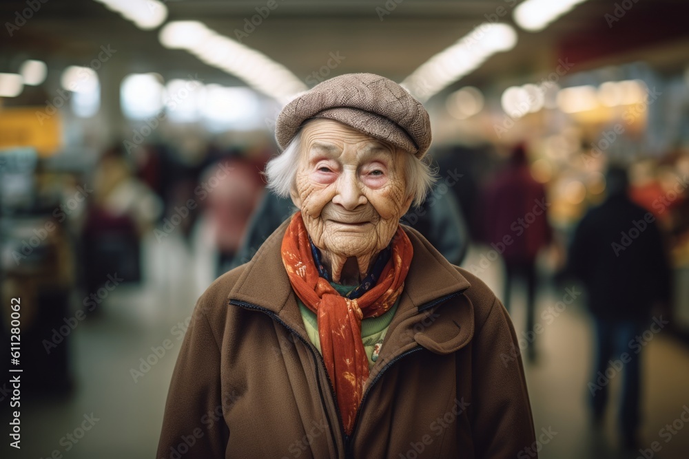 Lifestyle portrait photography of a glad old woman wearing a lightweight windbreaker against a bustling indoor market background. With generative AI technology Lifestyle portrait photography of a glad old woman wearing a lightweight windbreaker against a bustling indoor market background. With generative AI technology