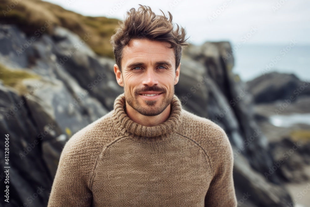 Close-up portrait photography of a satisfied boy in his 30s wearing a cozy sweater against a scenic ocean cliff background. With generative AI technology Close-up portrait photography of a satisfied boy in his 30s wearing a cozy sweater against a scenic ocean cliff background. With generative AI technology