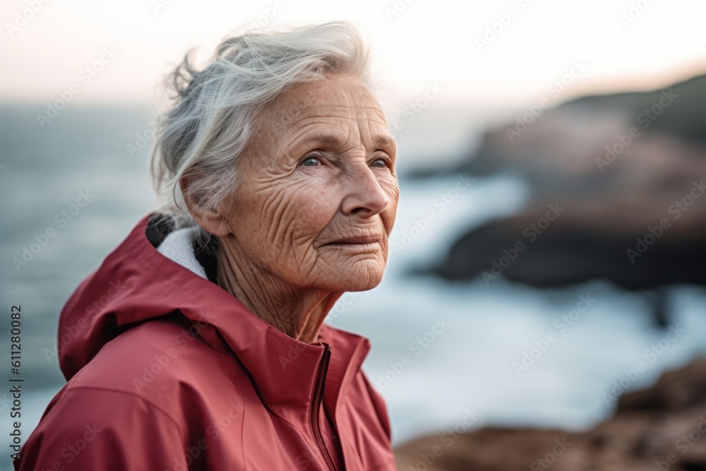 Close-up portrait photography of a tender old woman wearing a comfortable tracksuit against a scenic ocean cliff background. With generative AI technology Close-up portrait photography of a tender old woman wearing a comfortable tracksuit against a scenic ocean cliff background. With generative AI technology