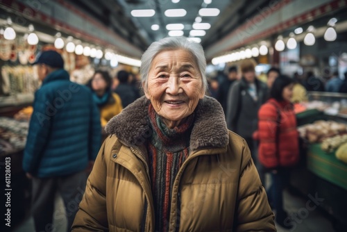 Conceptual portrait photography of a satisfied old woman wearing a stylish hoodie against a bustling indoor market background. With generative AI technology
