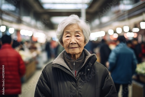 Lifestyle portrait photography of a glad old woman wearing a lightweight windbreaker against a bustling indoor market background. With generative AI technology