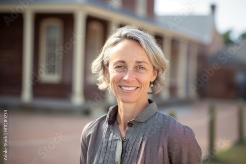 Headshot portrait photography of a grinning mature woman wearing a classy button-up shirt against a historic museum background. With generative AI technology