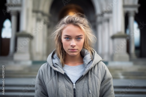Medium shot portrait photography of a tender mature girl wearing a cozy zip-up hoodie against a historic museum background. With generative AI technology