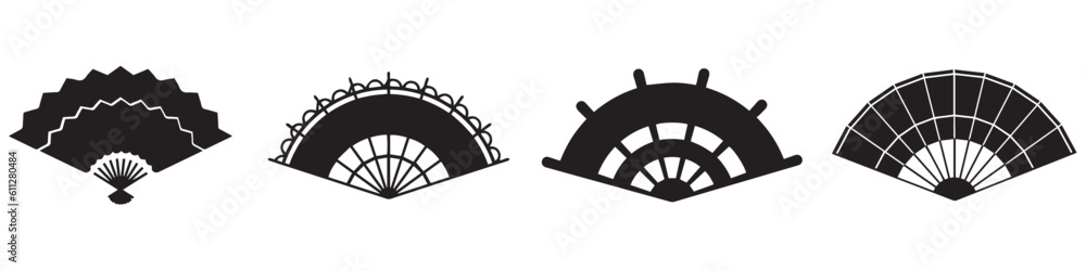 Hand fan icons. Collection of handheld icons isolated on a white background. Icons of folding and rigid fans. Vector illustration.EPS 10 Hand fan icons. Collection of handheld icons isolated on a white background. Icons of folding and rigid fans. Vector illustration.EPS 10