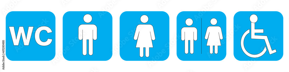 Toilet vector icon set. Restroom WC sign isolated. Mens and womans symbols privies on white background. Toilet vector icon set. Restroom WC sign isolated. Mens and womans symbols privies on white background.